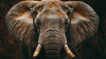A striking close-up image capturing the textured skin and details of an African Elephant's face, conveying a sense of majesty