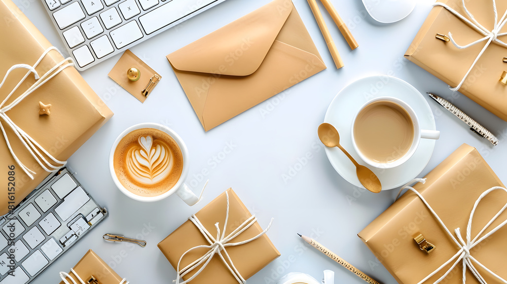 Fototapete top view of office stationery and accessories computer keyboard gift boxes envelope and cup of latte