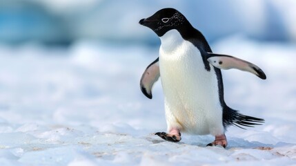 Fototapeta premium A charming Adelie Penguin captured standing on an ice glacier, in Antarctica with its wings open, embodying freedom and exploration