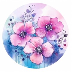 Pink and blue circle floral illustration, watercolor