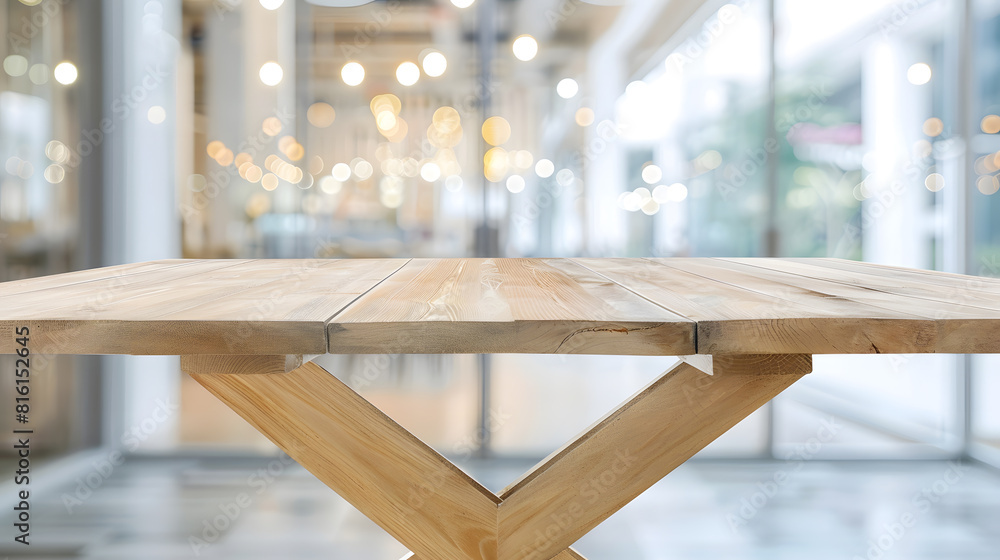 Poster empty wooden table against abstract blur white interior background montage product display inside and window : Generative AI