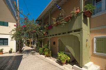 Nice street with plants in Lefkada, Greece