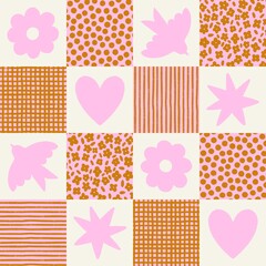 Trendy y2k checks print with neon pink symbols and golden textures. Hipster seamless pattern illustration