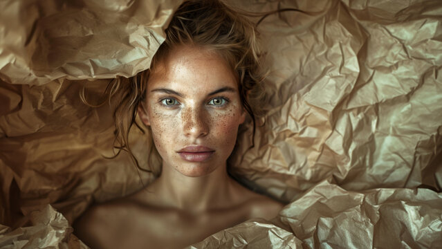 Studio portrait of a fashion model painted in gold or covered in bronzer and surrounded by wrinkled sheets of gold or brown paper.
