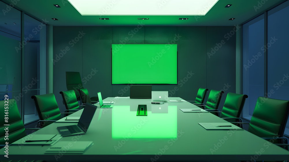 Poster modern empty meeting room with big conference table with various documents and laptops on it on the 
