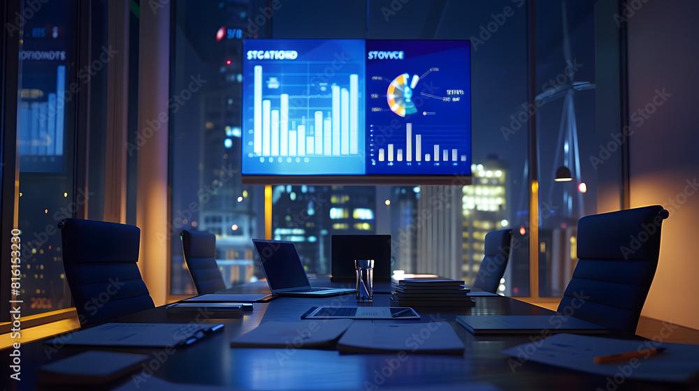 Poster modern empty meeting room with big conference table with various documents and laptop on it wall tv 