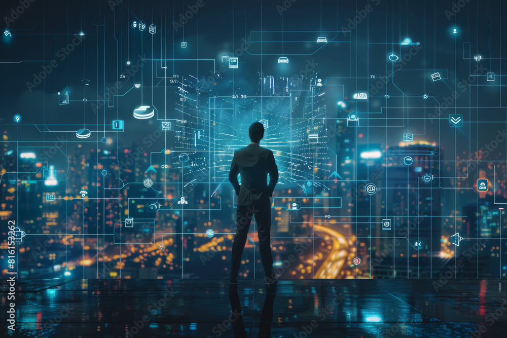 Poster a man stands in front of a screen with icons on it