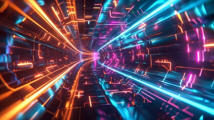 Obraz premium Digital wallpaper featuring an abstract composition of illuminated tunnel pathways with captivating lines, creating a visually dynamic and futuristic design that draws hyper realistic 