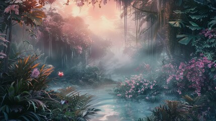 dreamy surreal fantasy landscape , lush vegetation and flowers, pastel colours, desaturated, digital illustration hyper realistic 