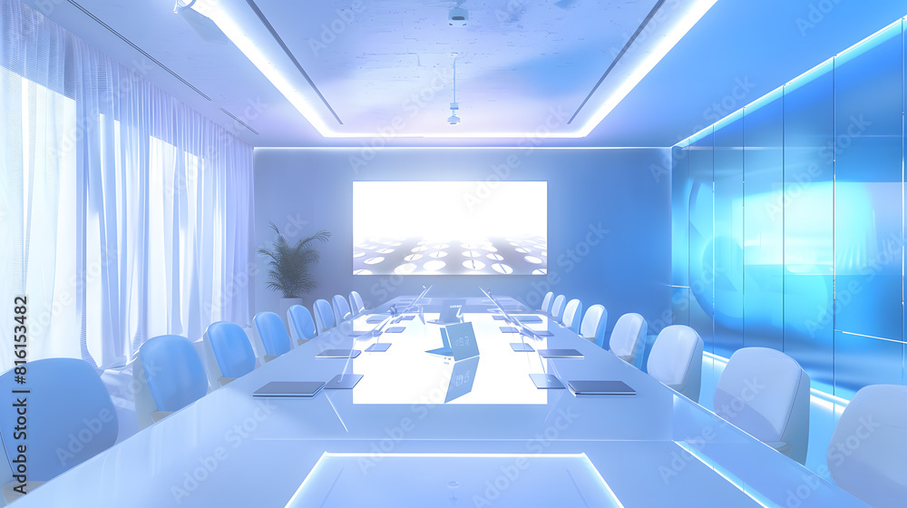 Leinwandbilder Modern Empty Meeting Room with Big Conference Table with Various Documents and Laptops on it on the Wall Big TV with Big Data Statistics Talks about Company Growth Contemporary Designe : Generative AI