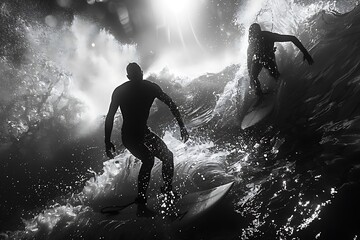 Surfers carving graceful arcs through the water, their movements fluid and effortless in the scorching heat of the summer sun.