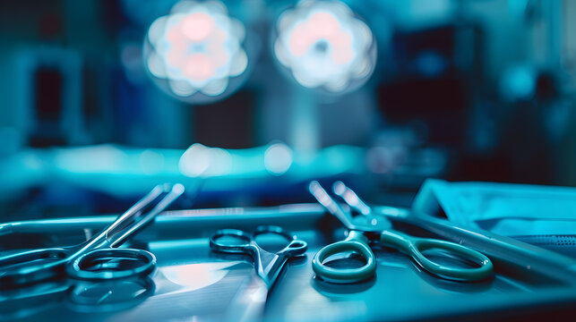 Surgical clamps and medical equipment on surgical traySurgical scissors on medical table intend to blur background inside operating roomMedical tools inside operating theater when surg : Generative AI