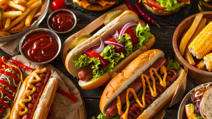 A variety of american foods including hot dogs and fries are displayed on a table