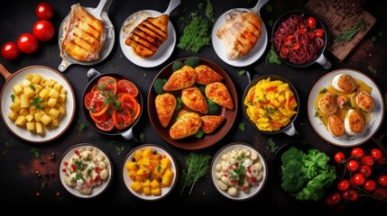 Overhead view of various delicious dishes displayed on a black background, offering a feast of colors and options - Powered by Adobe