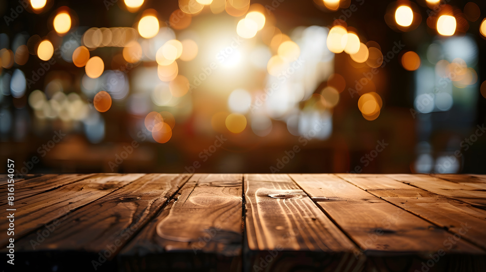 Poster image of wooden table in front of abstract blurred background of resturant lights : Generative AI