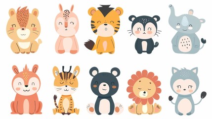 Joyful collection of cartoon jungle animals like a lion, tiger, and monkey in soft colors