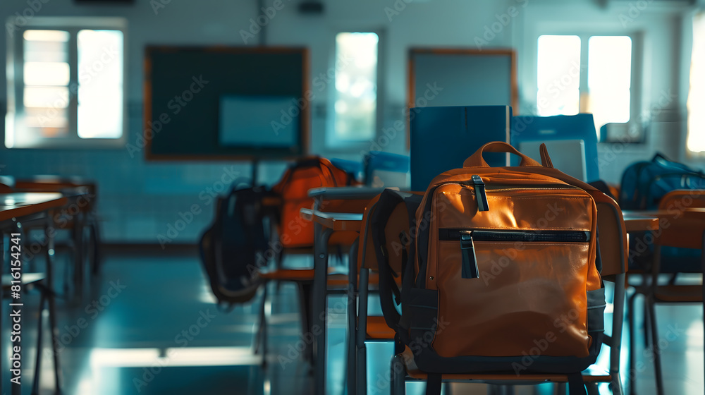 Poster interior of stylish empty classroom with backpacks and stationery : generative ai
