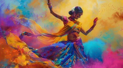 Indian woman in vibrant dress dancing celebrate Indian Holi Festival hyper realistic 