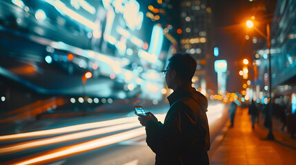 Man use smart phone blur image of big steel billboard as background : Generative AI - Powered by Adobe