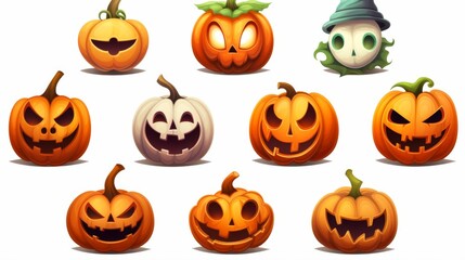 A vibrant collection of Halloween pumpkins with various expressions, perfect for seasonal decoration or themed events