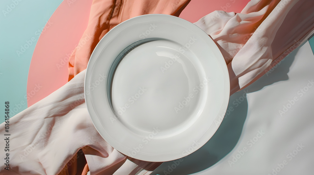 Leinwandbilder Top view on colored background empty round white plate on tablecloth for food Empty dish on napkin with space for your design : Generative AI
