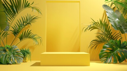 Fototapeta premium Yellow Room With Tropical Plants and Yellow Frame