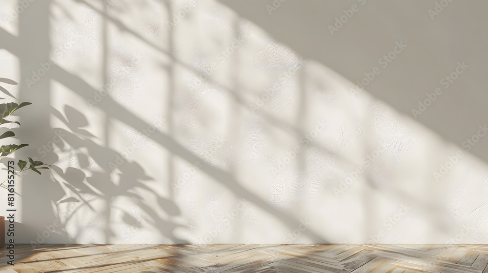 Poster aesthetic geometric sunlight shadows on a white textured wall and beige wooden floor empty template 