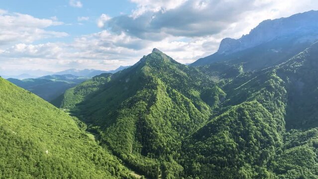 aerial view in spring of a small mountain covered with spade-shaped trees on the foothills of the Vercors in France