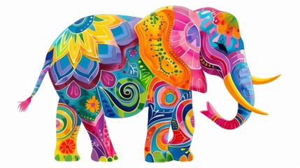 A visually striking graphic of an elephant composed of vibrant patterns and bold color blocks
