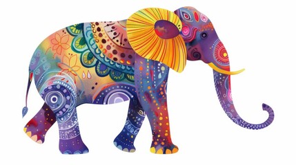 This vibrant image features an elephant with intricate patterns and bold colors, embodying a fusion of traditional and modern art styles
