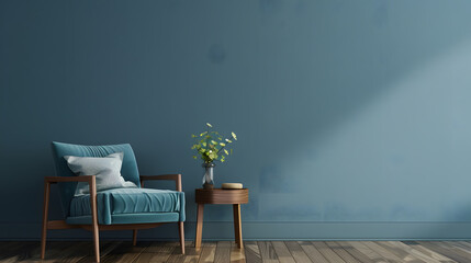 Interior with grey wall blue armchair and wood side table : Generative AI