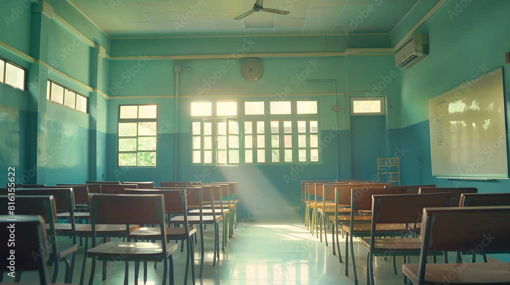 Poster Lecture room or School empty classroom with desks and chair iron wood for studying lessons in high school thailand interior of secondary education with whiteboard vintage tone educatio : Generative AI
