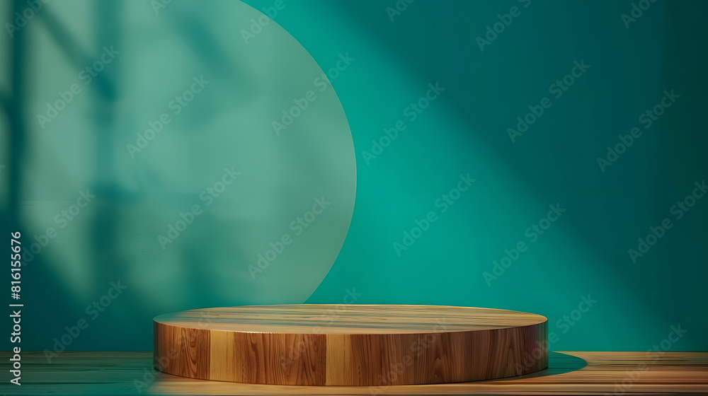 Poster Podium for exhibitions and product presentations material wood Beautiful green background Abstract minimal empty background composition for product presentation : Generative AI