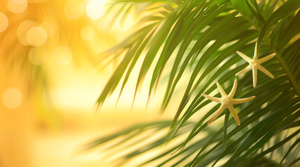 Tropical Background Palm Trees Branches with blurred starfish on yellow background Holiday Travel Copy space : Generative AI