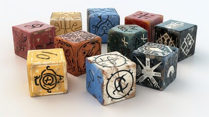 3d modelDesign a set of custom dice featuring unique symbols and artwork for a fictional game.isolated on white background