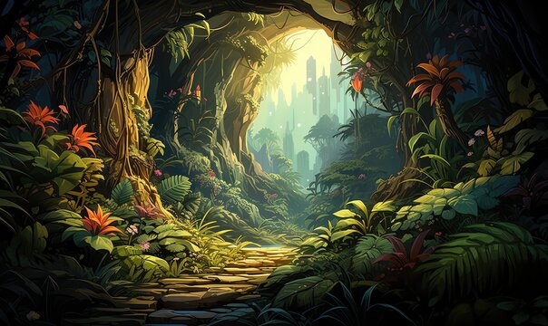 Cartoon flat design top view jungle theme cartoon drawing Tetradic color scheme