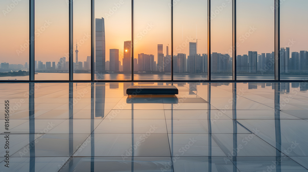Poster empty floor and modern city skyline with building at sunset in suzhou jiangsu province china high an