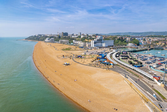 The drone aerial view of Folkestone. Folkestone is a port town on the English Channel, in Kent, south-east England.