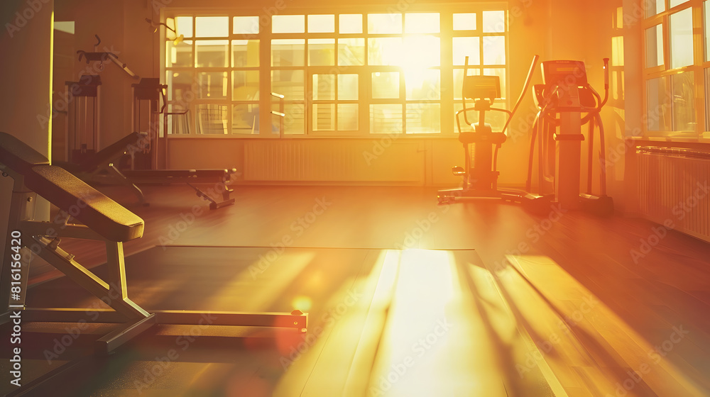Poster sunshine fitness and empty gym for exercise workout and training sunlight room and a club for sports