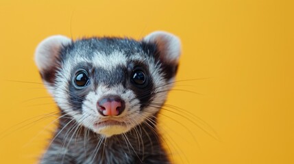 A thrilled ferret peers out from a sky blue banner against a soft orange backdrop - Powered by Adobe