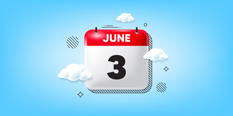 Calendar date of June 3d icon. 3rd day of the month icon. Event schedule date. Meeting appointment time. 3rd day of June. Calendar month date banner. Day or Monthly page. Vector