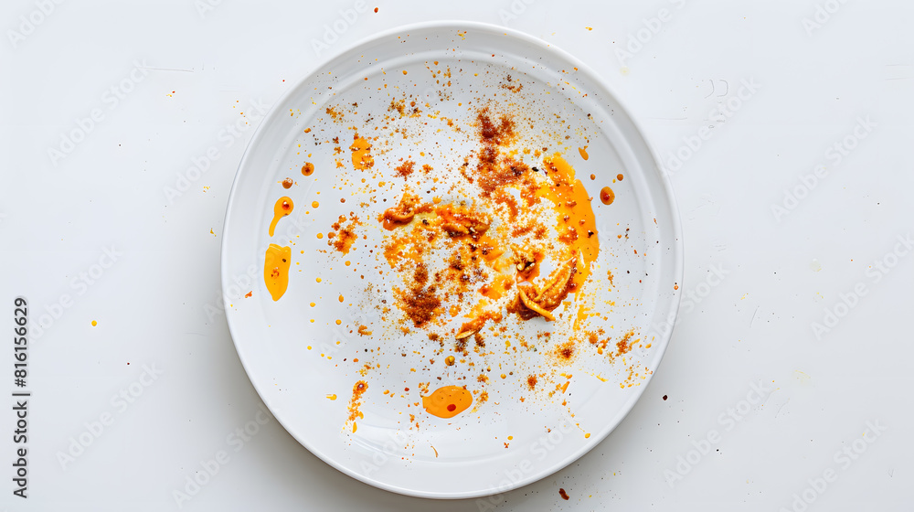 Aufkleber dirty plate isolated empty bowl after dinner finished lunch oil and smeared sauce on white plate bac