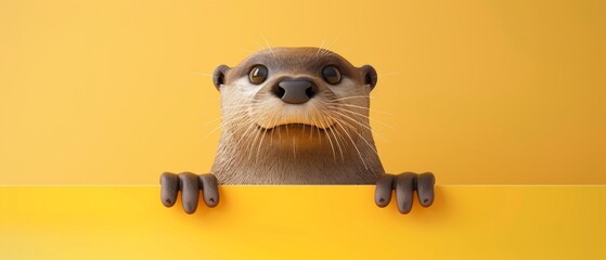 Fototapeta premium Delighted otter peeking from behind a cerulean banner, isolated on a pastel yellow background