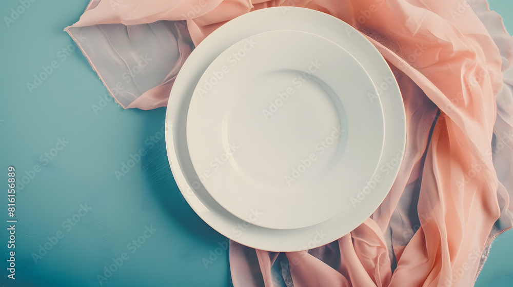 Leinwandbilder Top view on colored background empty round white plate on tablecloth for food Empty dish on napkin with space for your design : Generative AI
