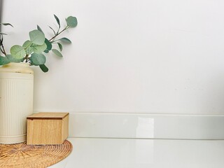 wooden table for product placement and on a white background