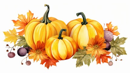 A festive autumnal illustration featuring ripe pumpkins amidst colorful fall foliage, reflecting the lush harvest season