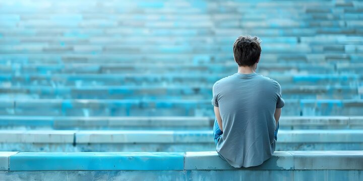 Lonely male high school student sitting alone in stadium due to mental illness. Concept Loneliness, Mental Health, High School Student, Stadium, Social Isolation
