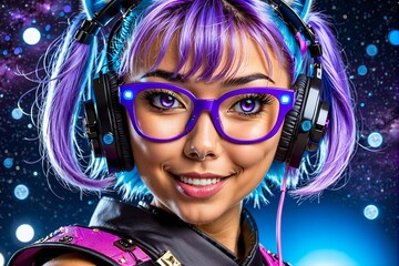 A woman with purple hair and purple glasses is smiling and wearing headphones