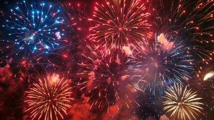 Colorful fireworks burst and illuminate the dark sky in a vibrant display, symbolizing a celebration on 4th July in the USA