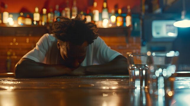 Drunk african american man sitting at the bar with head down and empty shot glasses : Generative AI